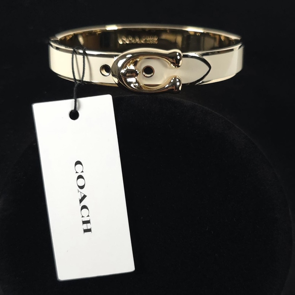 NWT COACH Buckle Bangle Bracelet SIGNATURE C Gold Plated & Chalk Enamel Hinged - Picture 11 of 13